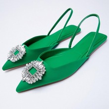 2022夏新款女鞋綠色水鑽氣質婚鞋穆勒鞋仙女尖頭歐美平底單鞋涼鞋