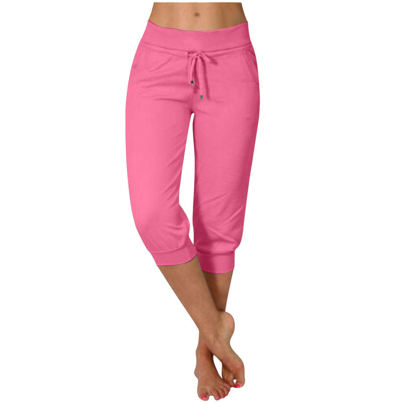 2025 Cross-Border Export Women's Knitted Three-Quarter Casual Tight High-Waist Drawstring Pocket Unadorned Buckle Casual Pants