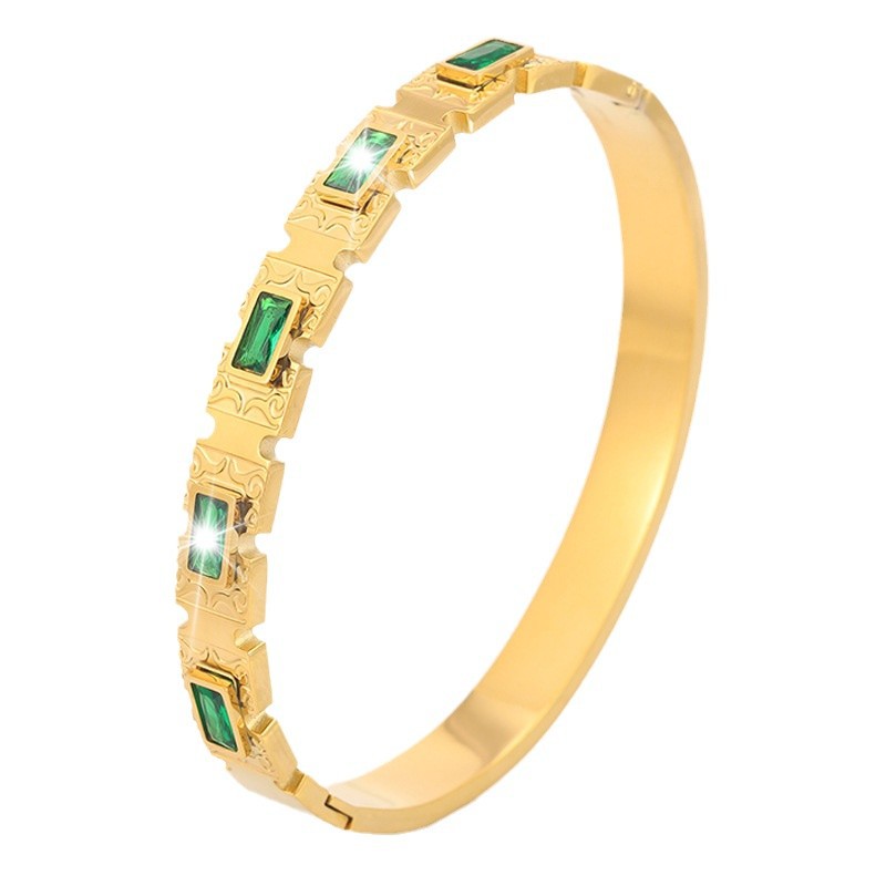 Brazalete de acero inoxidable para mujeres alta versión rica y noble zircon esmeralda incrustación de titanio acero no decoloración joyas brazalete al por mayor image 6