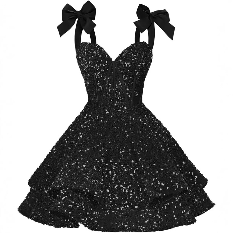 Sparkling Sequin Bow 2026 Homecoming Dress with Thin Straps, Layered Short Style, Sweet Ball Gown Cocktail Dress