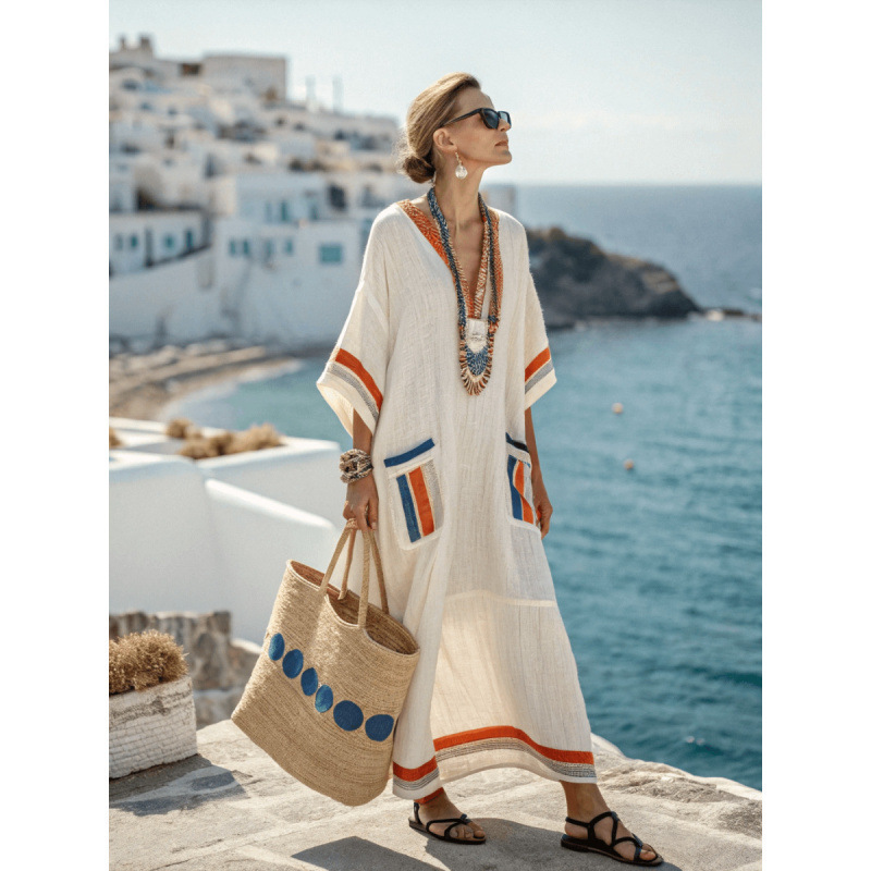Women's Clothing for Cross-Border Sales Exclusively for Amazon, European and American Style 3D Digital Print V-Neck Half-Sleeve Long Dress with Patch Pockets Women's Clothing for Cross-Border Sales Exclusively for Amazon, European and American Style 3D Digital Print V-Neck Half-Sleeve Long Dress with Patch Pockets