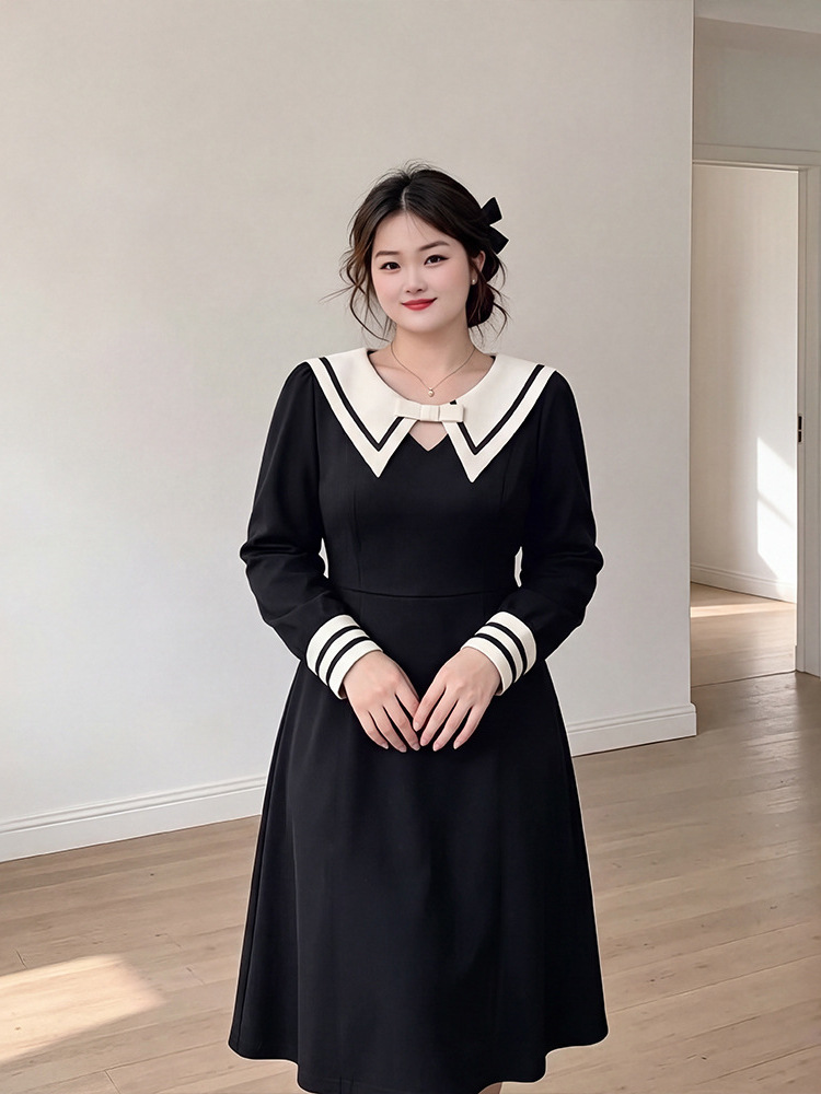 65-160kg Plus-Size Women's College-Style Dress for Spring and Autumn, Stylish Navy Collar Midi Dress with Added Fleece for Slightly Plump Figures 65-160kg Plus-Size Women's College-Style Dress for Spring and Autumn, Stylish Navy Collar Midi Dress with Added Fleece for Slightly Plump Figures