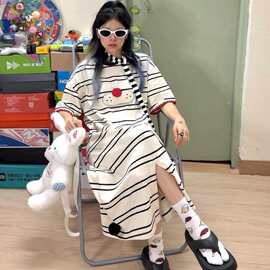 韩系少女可爱酷猫睡裙女款2025新款夏季条纹短袖连衣裙家居长裙子