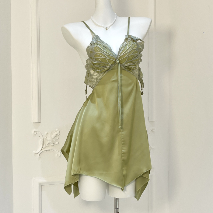 Nuevo pijama de verano para chicas delgado puro deseo de viento sexy mariposa hueca hermosa espalda hielo y nieve seda falda de cinturón ropa para el hogar