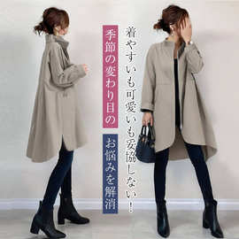 跨境外贸女装欧美2024秋季新款日韩系宽松外套圆领拉链休闲风衣