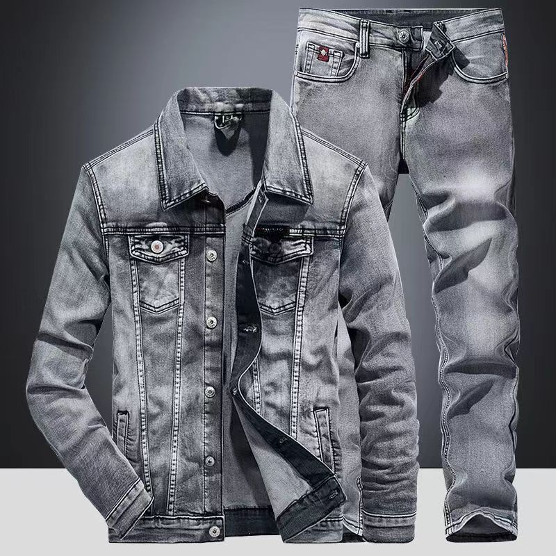 Spring and Autumn Denim Suit Men's Light Gray New Korean Style Slim Trendy Denim Clothes and Pants Set Casual Jacket