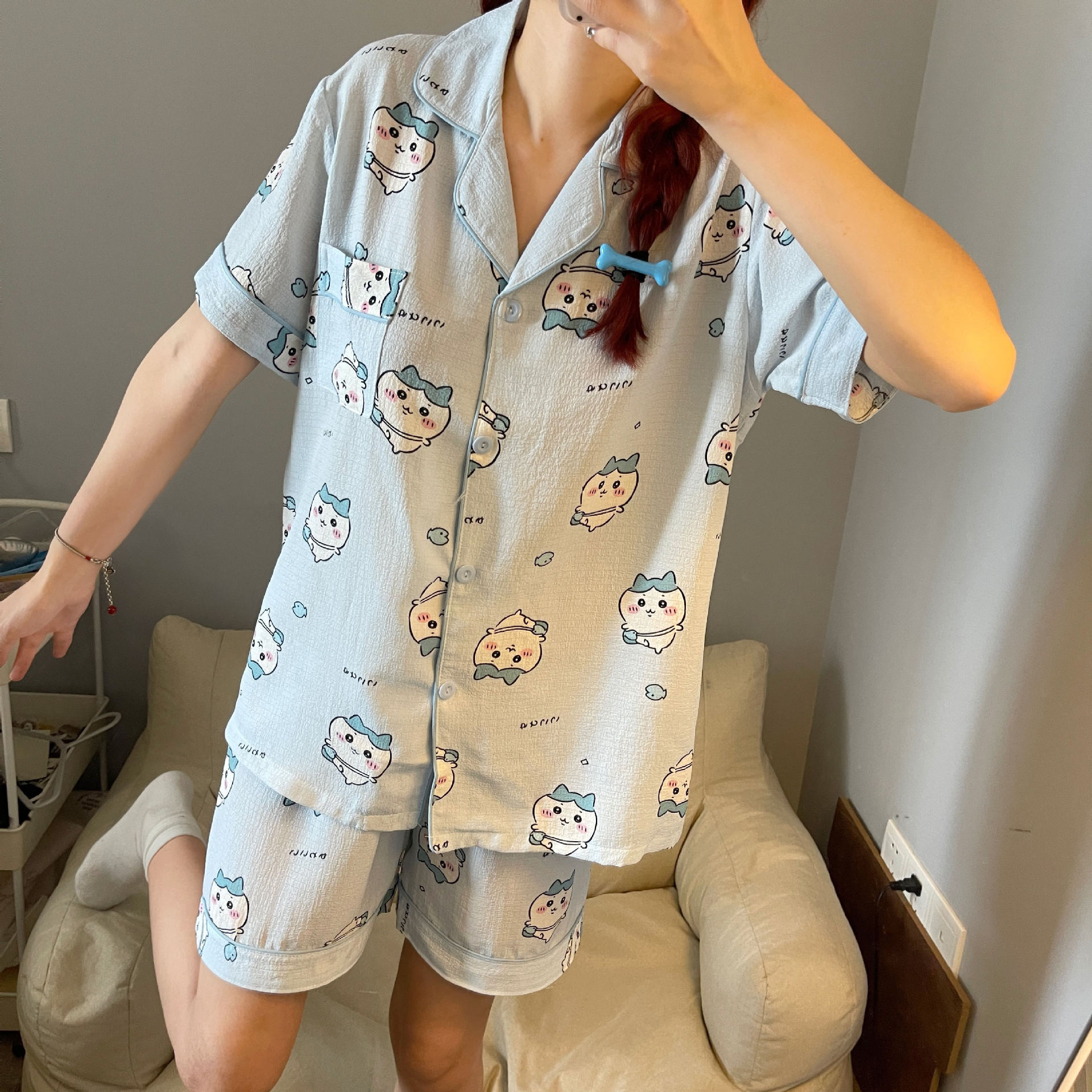 Bubble Gauze Pajamas for Women Summer Short-sleeved Suit Cardigan Girl Home Clothes High-end Summer Thin Style Can Be Worn Outside