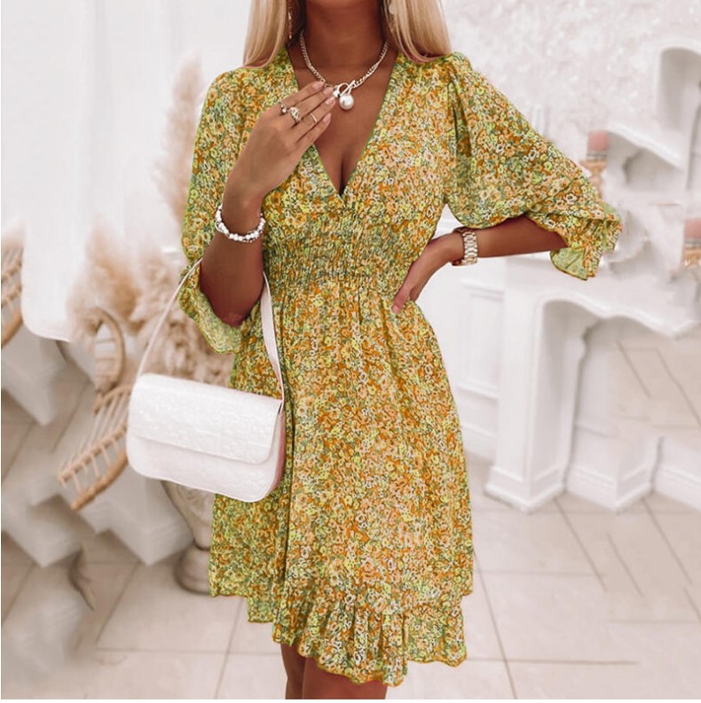Women'S Gender Printing Design Casual, Vacation Style Wholesale Women'S Casual Vacation Printing Ditsy Floral Holiday Daily V Neck 3/4 Length Sleeve Floral Dress