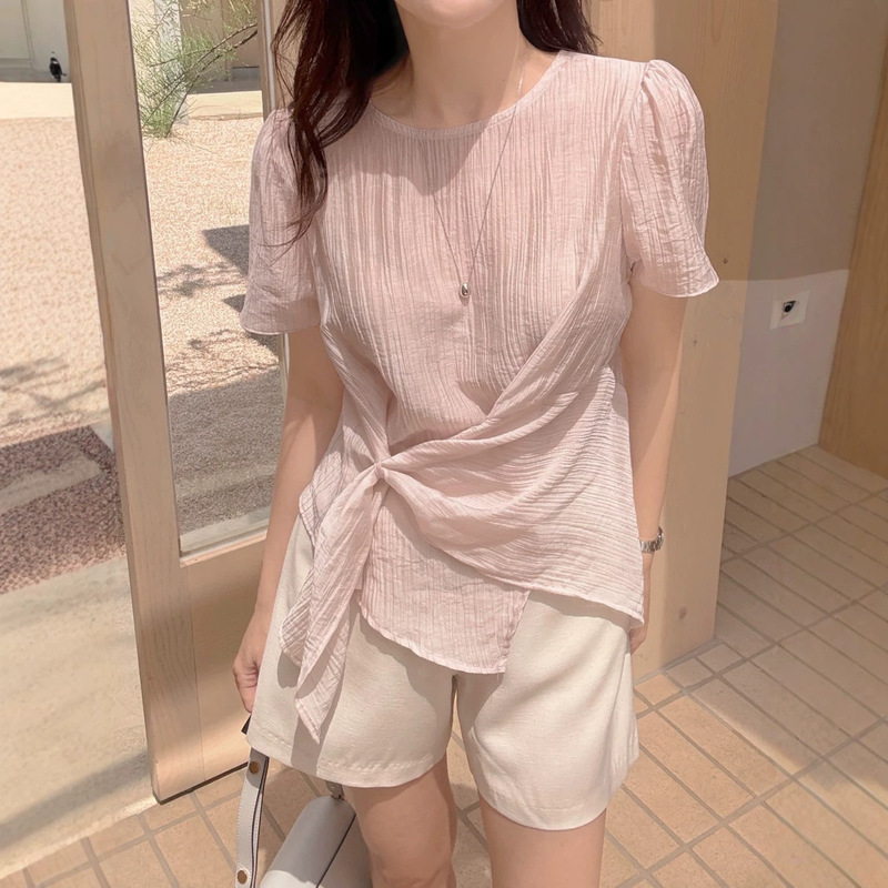 Korean Style Lace-Up Irregular Pullover Shirt, New Summer Shirt, French Style Gentle and Elegant Women's Top