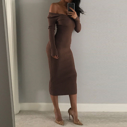 Wish Best-Selling Women's Western Nightclub Sexy Off-the-Shoulder Long Dress, V-Neck Long-Sleeve Dress for Women