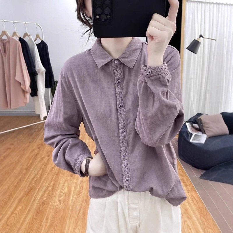 Spring and Autumn New Cotton and Linen Shirts Women's Lace Spliced ​​Long-Sleeved Loose Age-Reducing Small Tops Retro Bottoming Shirts