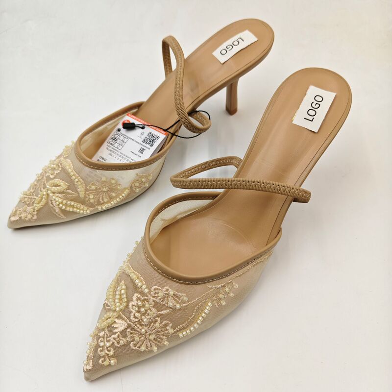 Z Brand's 2026 Autumn New Fashion High-Heeled Shoes with Back Strap, Pointed Toe, Embroidered Beaded Mesh Sandals