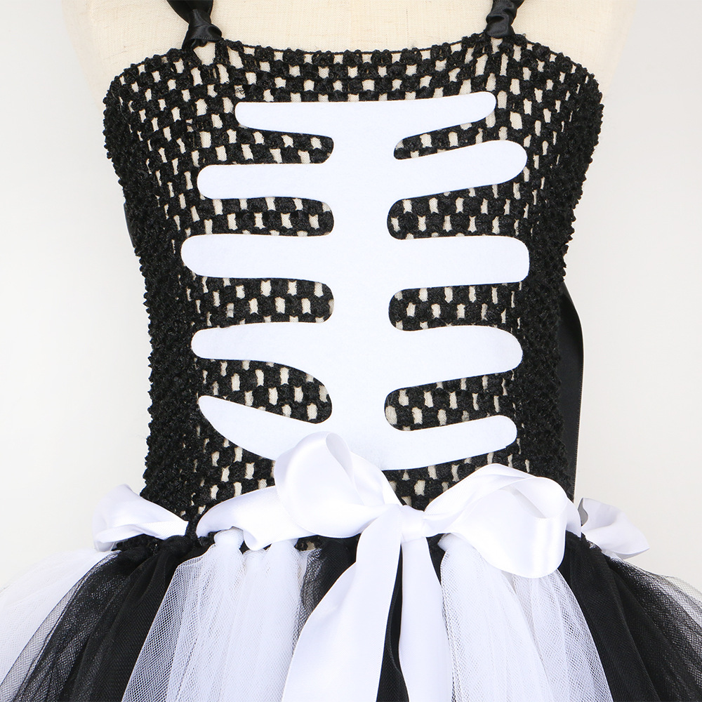 Kinderkleidung Halloween-Kostüm Geisterkleidung Kinder-Skelett-Geisternetz-Puffrock Mädchen-Maskenball-Zombie-Kostüm_voghion.com