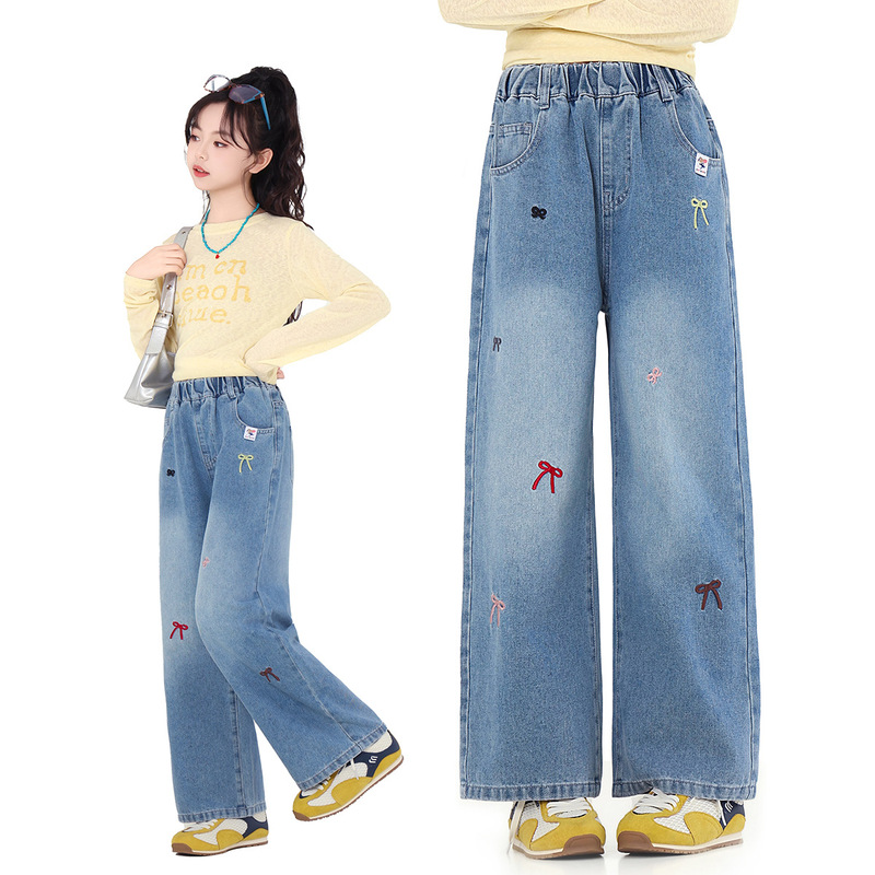 Judy Girls' New Spring and Autumn Straight-Leg Long Pants, Embroidered Soft Loose Jeans for Girls in Autumn Judy Girls' New Spring and Autumn Straight-Leg Long Pants, Embroidered Soft Loose Jeans for Girls in Autumn