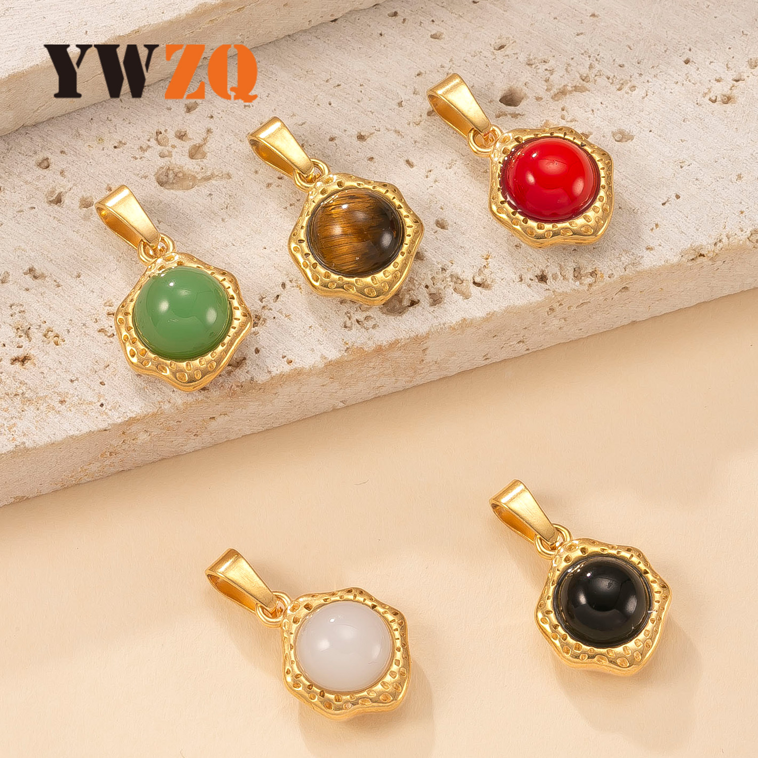 Colgante único Joyas transfronterizas de acero inoxidable Collar de piedra natural con incrustaciones irregulares en relieve Accesorios de bricolaje chapados en oro de lujo ligero de 18k