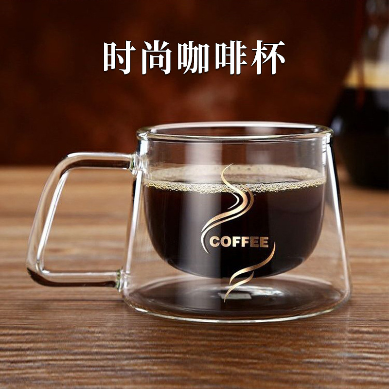 批发200ml双层咖啡杯家用耐热杯透明把手马克杯咖啡杯双层玻璃杯