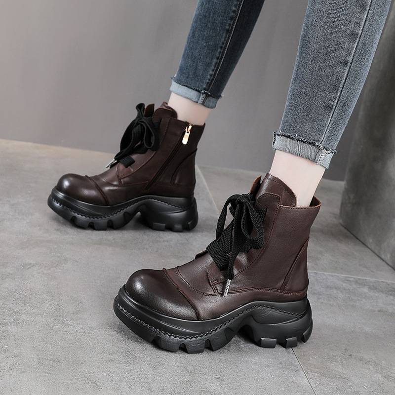 秋冬新款松糕底头层牛皮时装靴小个子增高女单靴百搭真皮马丁靴子