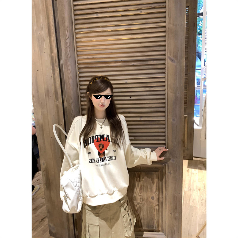 Aaaaxbbb La Walking Puppy Heart Print Sweatshirt Oversize Loose Design Long-Sleeved Top for Women