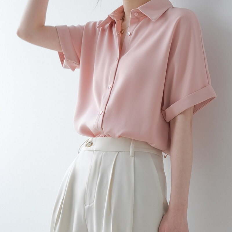 Summer Thin Satin Draping Short-sleeved Shirt Women's Japanese Style Small Loose All-match Design Shirt Top
