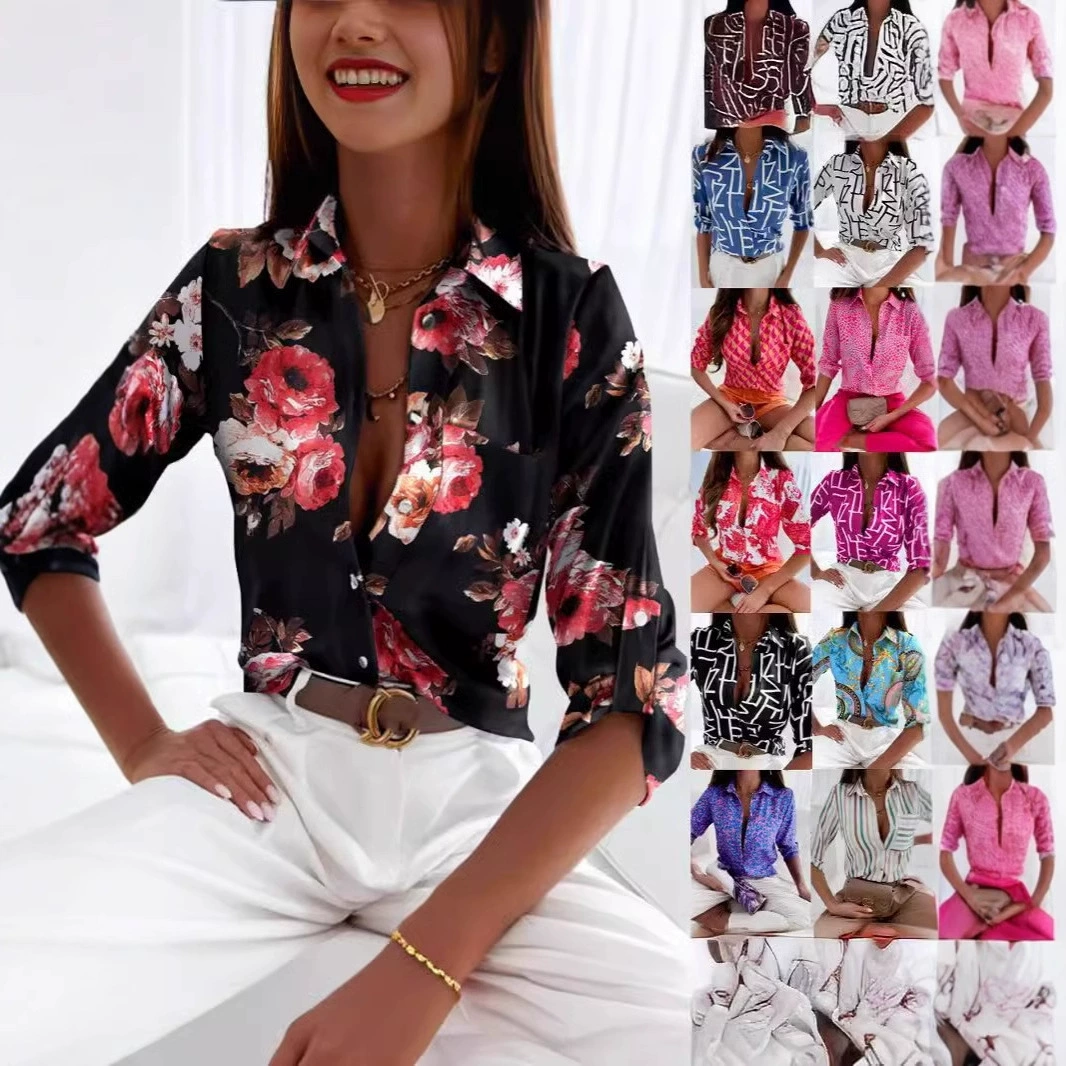 2024 Европейская и Американская внешнеторговая женская трансграничная весна и осень топ независимая станция Amazon рубашка с длинными рукавами принт рубашка женская