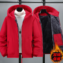 跨境2025新款加绒加厚棉服男时尚潮流加肥加大码冬季红色加绒棉衣