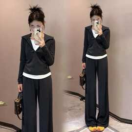 韩系休闲时尚运动套装秋季新款显假两件上衣连帽阔腿裤两件套女