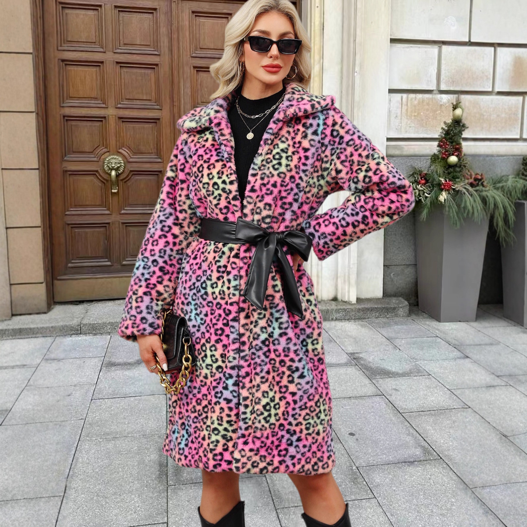 Women's Clothing Luxury Faux Fur Coat – Leopard Print Winter Coat With Notched Collar For Women_voghion.com