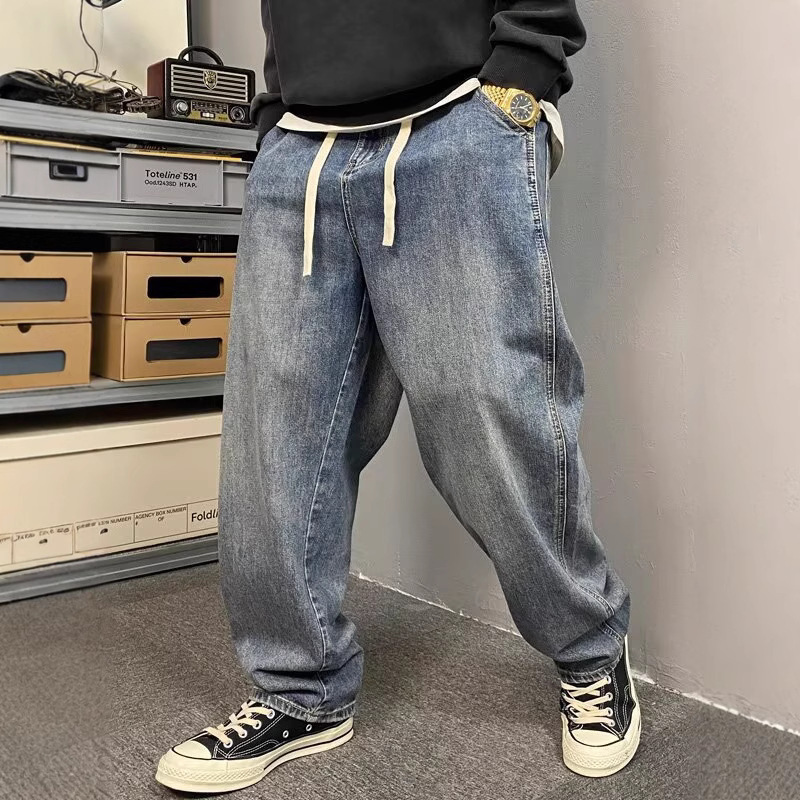 Extra Fat and Enlarged Jeans for Men, Versatile Trendy Brand Washed Loose Casual Pants, Fat Elastic Waist, Large Size Pants