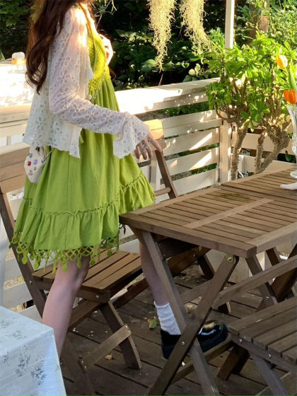 Bohemian Style Acura Green Tassel Sleeveless Strap dress Women's Summer Doll Skirt Dopamine Skirt