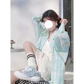 格子薄荷绿polo领格子衬衫女早春新款幂式穿搭长袖衬衣
