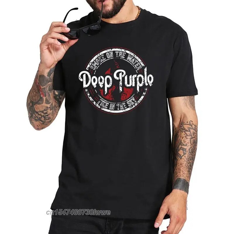Pure Cotton Short-Sleeved T-Shirt for Men, Dark Purple T-Shirt, Album Machine Head Smoke Song on the Wat