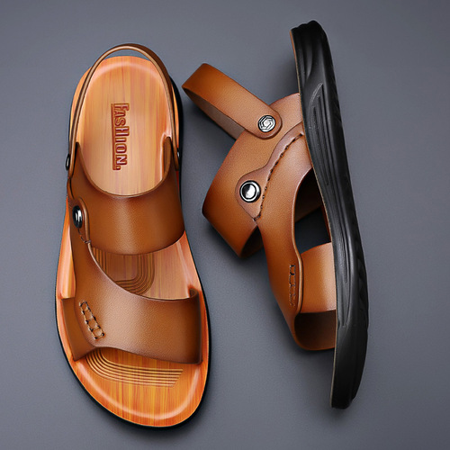 Men's sandals summer new breathable casual youth trendy beach shoes non-slip open toe dual-purpose leather sandals and slippers