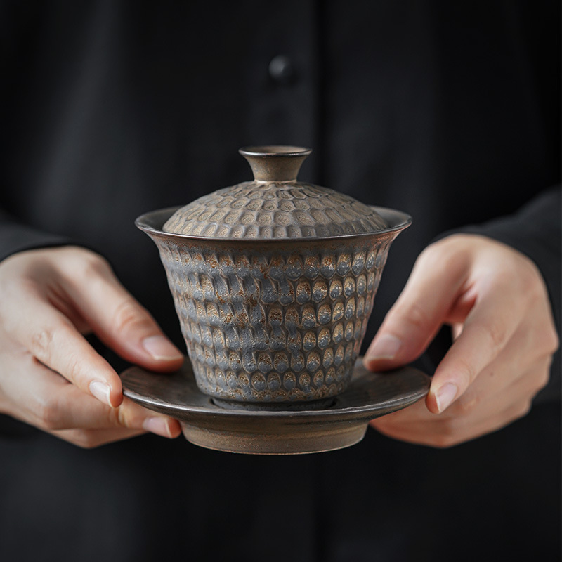 Gilt Coarse Pottery Tea Set Set Complete Kung Fu Tea Set Ceramic Vintage Home Office Simple Cover Bowl Tea Pot Cup