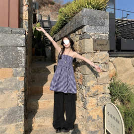 小众设计感两穿蓝色格子半身裙女秋季法式气质抹胸背心裙字伞裙