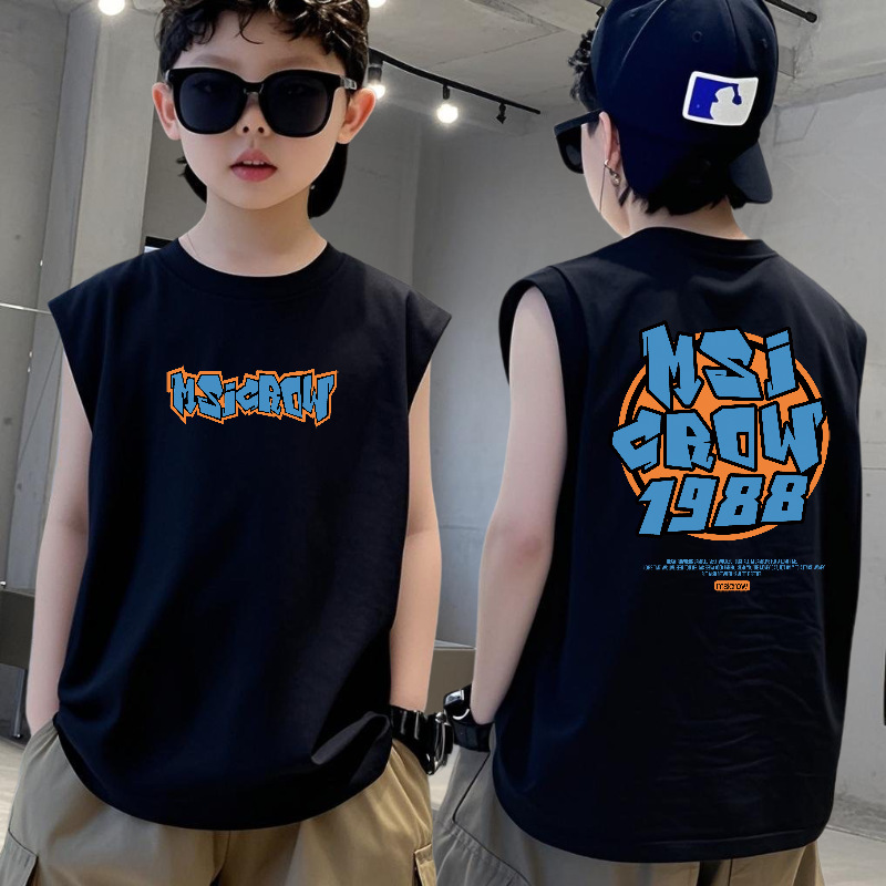 纯棉无袖背心运动休闲宽松圆领男童T恤夏季中大童薄洋气儿童男孩