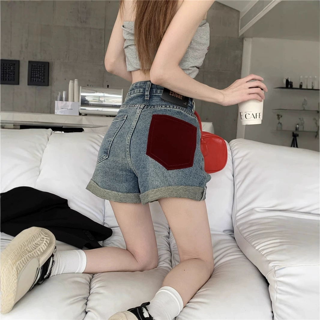 Модные летние джинсовые шорты с цветными блоками и закругленным краем для женщин, шорты трапециевидной формы больших размеров, модные шорты с допамином