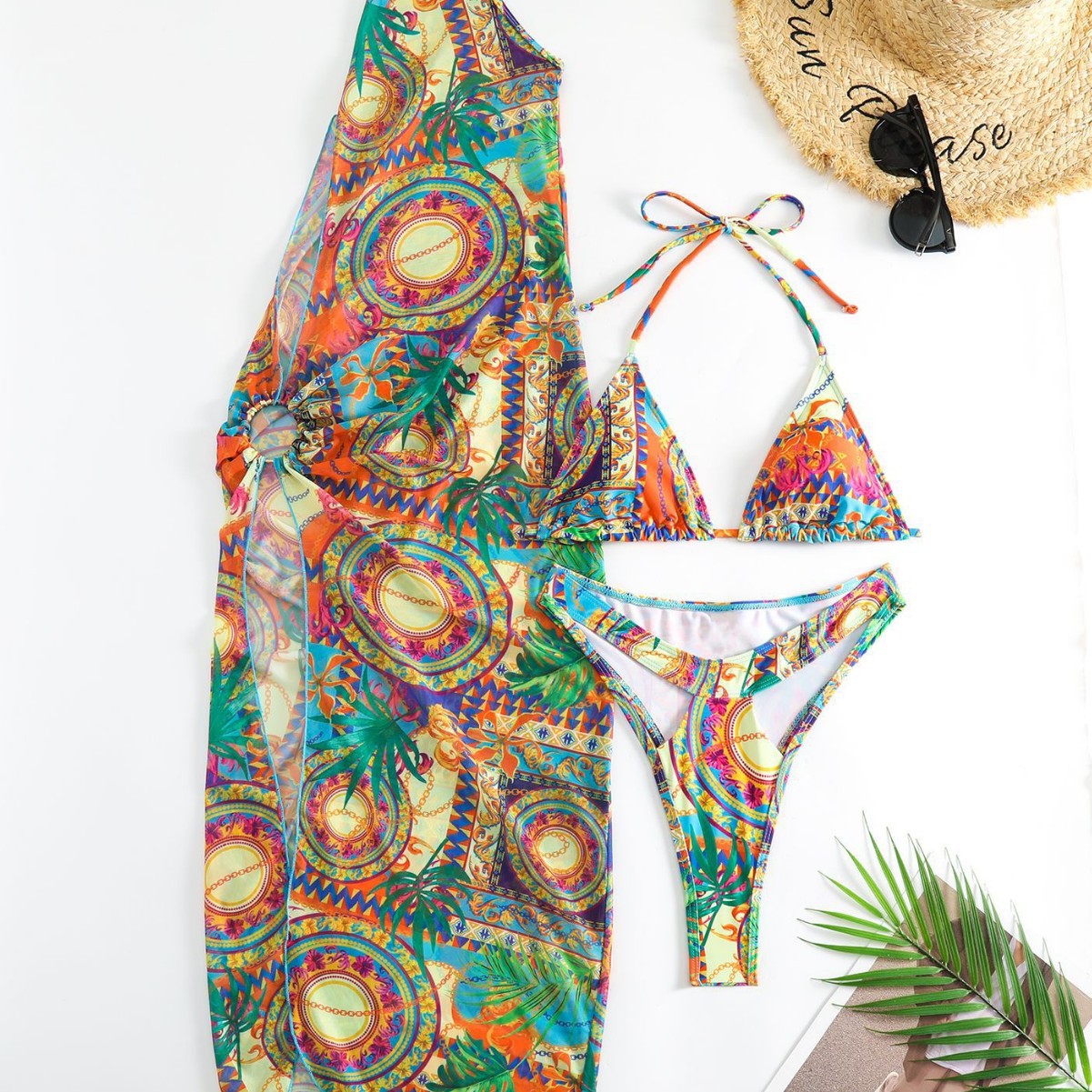 New European and American Beach Skirt Three-Piece Mesh Swimsuit Women's Pure Desire Backless Deep V Bikini One-Shoulder Sun Protection Swimsuit