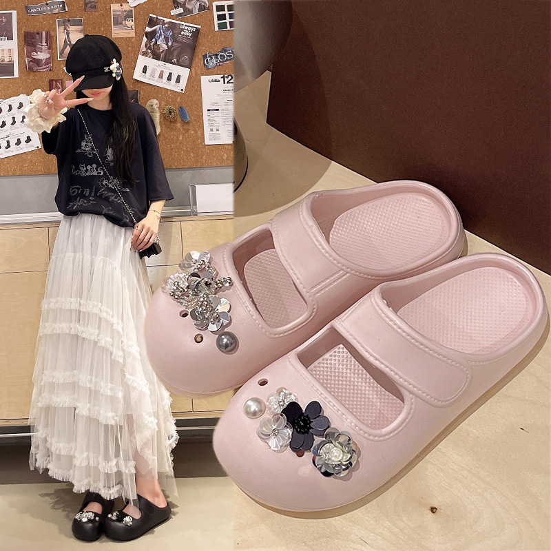 Fashionable Sequin Floral Closed-Toe Mules for Women, New Summer Style, Soft Sole, Comfortable, Non-Slip Mary Jane Clogs