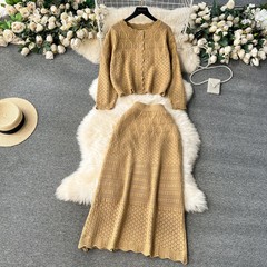 秋冬美拉德穿搭女甜美温柔镂空针织上衣两件套女收腰波浪边半身裙