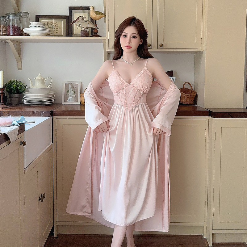 女性用パジャマ 春秋用 アイスシルク 長袖 キャミソール ネグリジェ パジャマセット 胸パッド付き ネット人気 大きいサイズ 着痩せ効果 ホームウェア|undefined