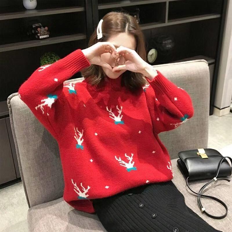 Red Christmas Sweater Women's Loose Outer Wear Laid-back Style Thickened Knitted Sweater 2023 Spring and Autumn Fairy Mock Top Red Christmas Sweater Women's Loose Outer Wear Laid-back Style Thickened Knitted Sweater 2023 Spring and Autumn Fairy Mock Top