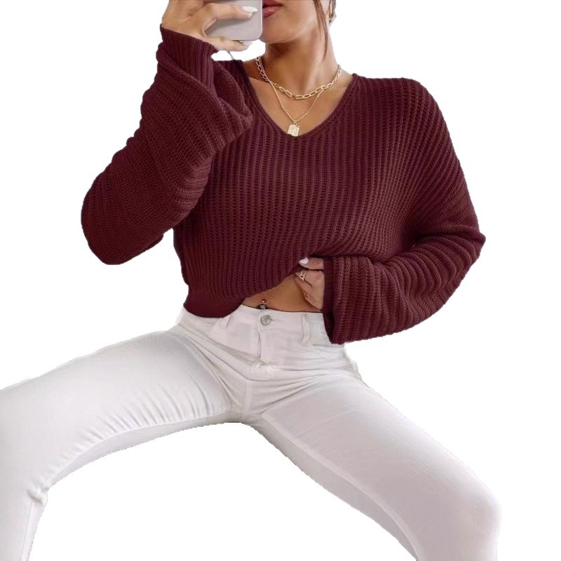 Transfronterizo de punto de mujer Europa y América Amazon 2025 otoño nuevo color sólido V-collar linterna manga larga suéter image 6