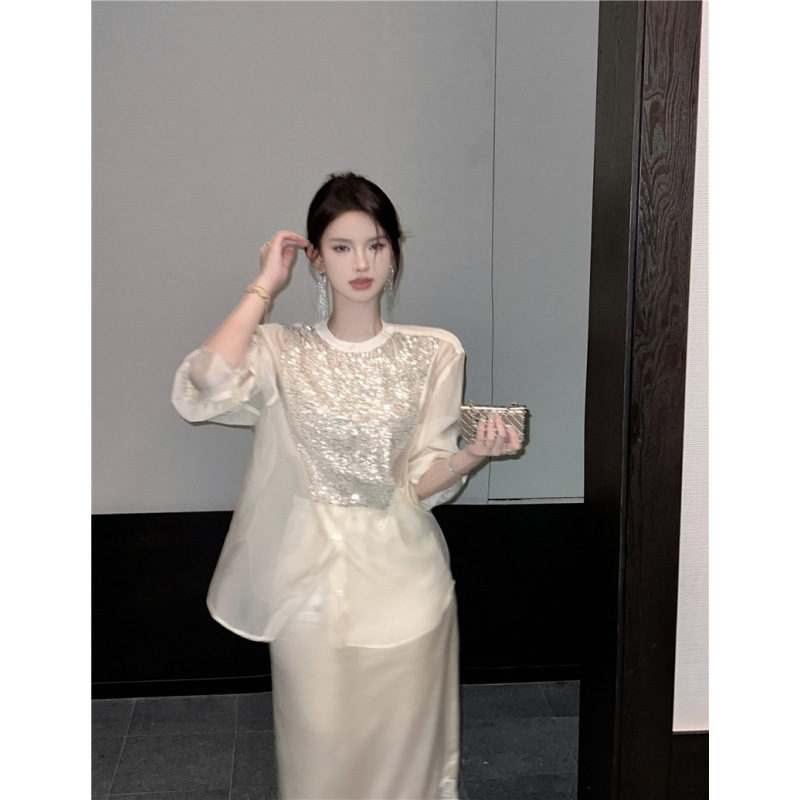 Real Shot Heavy Industry Light Luxury Sequin Stitching Shirt Loose Top French High Waist Lace Skirt