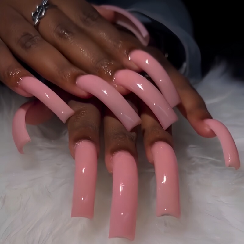 Cross-Border Hot-Selling 20-Piece Extra-Long Curved Fake Nails Glossy Pink Push-Type Manicure Fashionable Stylish C-Curved Style
