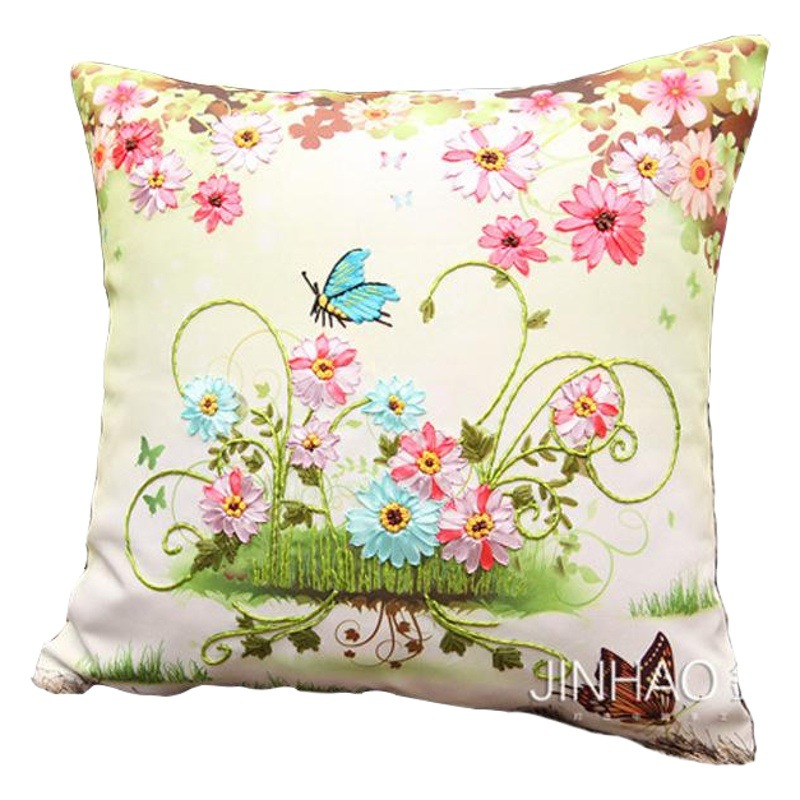 Fábrica al por mayor de color de impresión bordado de la cinta hecha a mano DIY paquete de material cojín funda de almohada flor frente mariposa volando doble platillo Flying dance