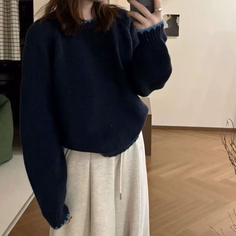 拼色圆领套头毛衣女2025秋冬新款韩版宽松甜美软糯针织衫长袖上衣|undefined