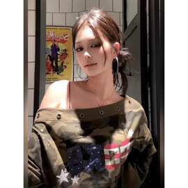 【原版做工】美式迷彩斜肩短款卫衣女秋季2025年宽松慵懒风辣妹上