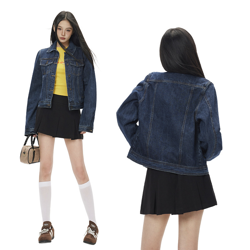 Basic Classic Dark Blue Lapel Short Silhouette Denim Jacket  Jeans Women's Clothing
