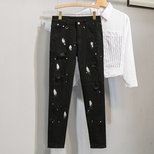 Black Splashed Ink Ripped Jeans Men's Autumn and Winter Slim Fit Scratched Hot Diamond Patch 2024 New Long Pants
