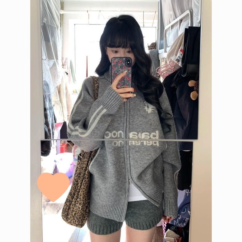 美式复古上衣秋冬新款外套针织拉链棒球服慵懒宽松毛衣开衫百搭|undefined